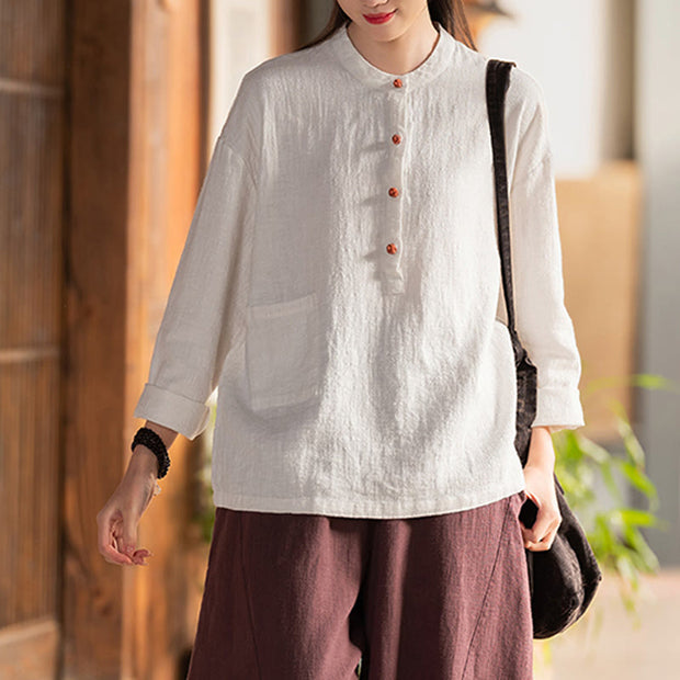 Buddha Stones Solid Color Loose Button Blouse Long Sleeve Shirt Top
