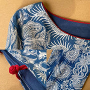 Buddha Stones Blue White Flower Pattern Midi Dress Linen Three Quarter Sleeve Dress With Pockets 12