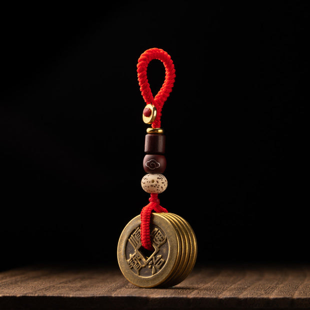Buddha Stones Feng Shui Five Emperor Coins Luck Bodhi Seed Money Wealth Keychain
