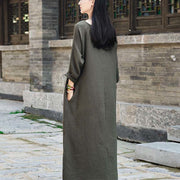 Buddha Stones Simple Midi Dress Cotton Linen Zen Tunic Dress With Pockets