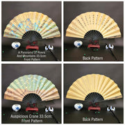 Buddha Stones Great Wall Mountains Trees Crane Bamboo Handheld Silk Bamboo Folding Fan 33.5cm