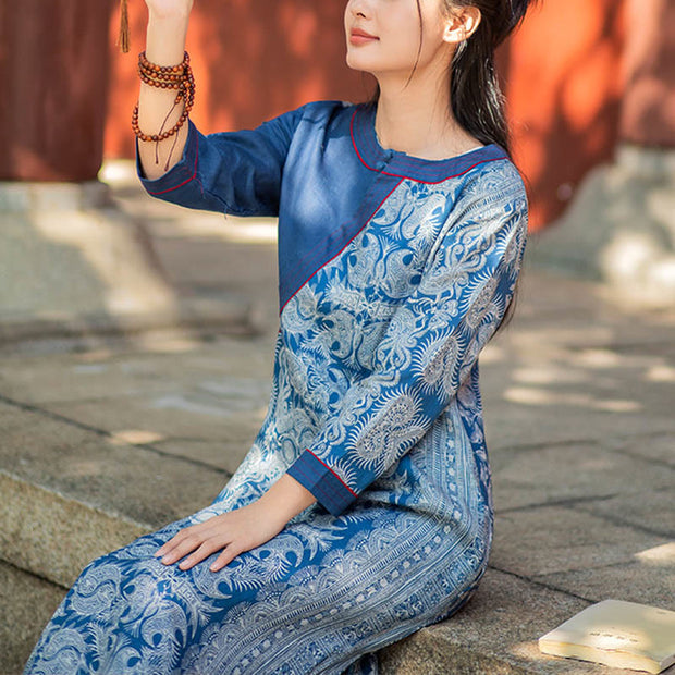 Buddha Stones Blue White Flower Pattern Midi Dress Meditation Three Quarter Sleeve Linen Dress With Pockets