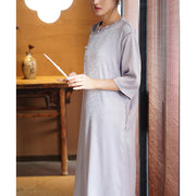 Buddha Stones Plain Pattern Half Sleeve Chinese Cheongsam Midi Dress With Pockets