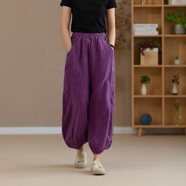 Buddha Stones Ramie Linen Flexible Waistband Yoga Harem Pants With Pockets Harem Pants BS 2