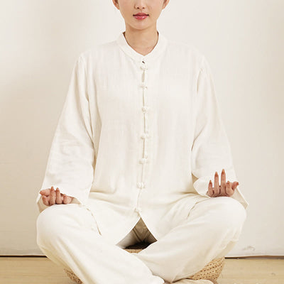 Buddha Stones 2Pcs White Frog-Button Long Sleeve Shirt Top Pants Meditation Zen Tai Chi Cotton Linen Clothing Women's Set