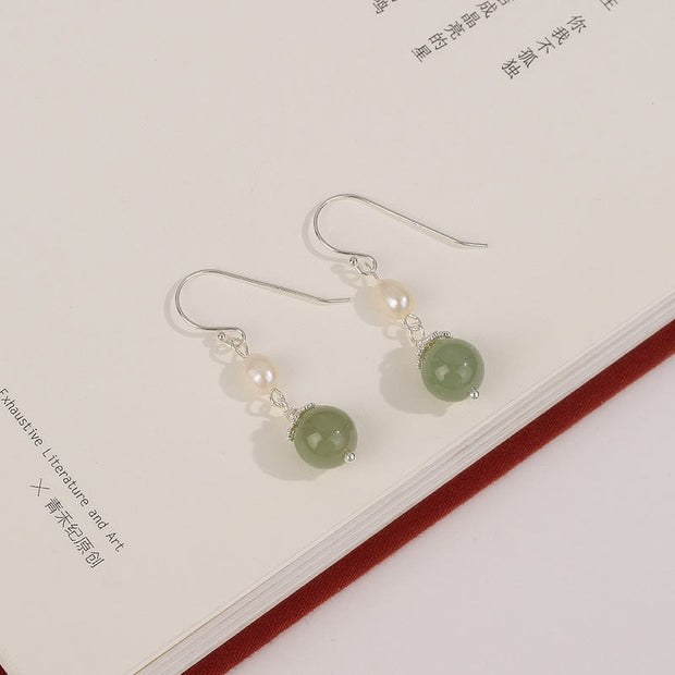 Buddha Stones 925 Sterling Silver Natural Pearl Jade Wisdom Earrings Earrings BS 3