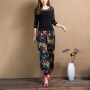 Buddha Stones Ethnic Style Red Green Flowers Print Harem Pants With Pockets Women's Harem Pants BS 24