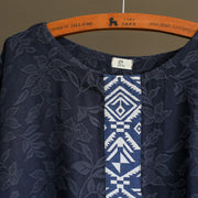 Buddha Stones Blue Flowers Embroidery Jacquard Midi Dress Three Quarter Sleeve Cotton Dress With Pockets 7