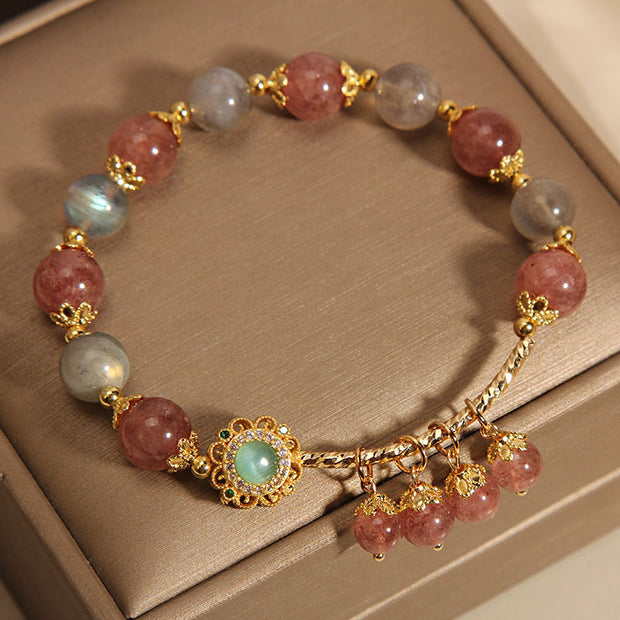 Buddha Stones Strawberry Quartz Moonstone Healing Tassel Charm Bracelet