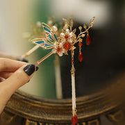 Buddha Stones Classical Chinese Style Flower Branche Butterfly Pearl Tassel Hair Clip Hair Comb Hair Crown