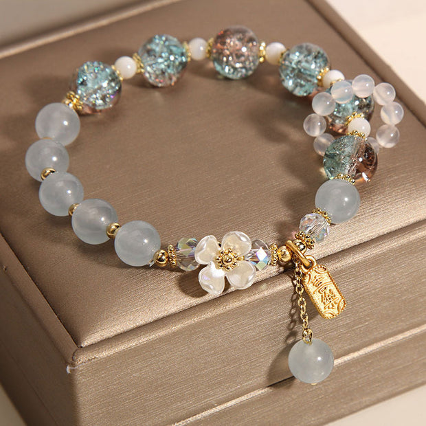 Buddha Stones Natural Blue Crystal Amethyst Chalcedony Flower Healing Bracelet