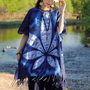 Buddha Stones Blue Batik Shawl Tassels Maple Leaf Cozy Travel Pullover 95*90cm 1