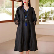 Buddha Stones 100% Mulberry Xiangyunsha Silk 35 Momme Solid Color V-Neck Midi Dress With Pockets