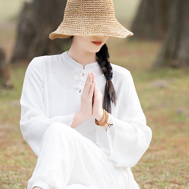 Buddha Stones 2Pcs Plain Design Top Pants Meditation Yoga Zen Tai Chi Cotton Linen Clothing Women's Set Clothes BS 18