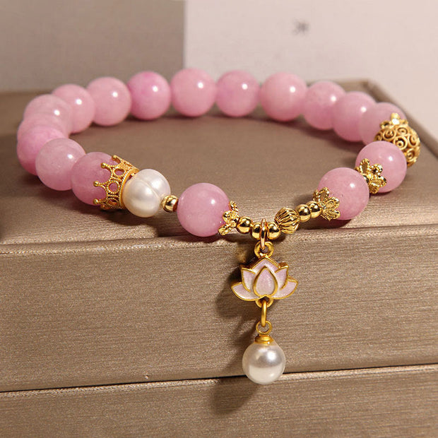 Buddha Stones Pink Jade Pearl Lotus Charm Harmony Bracelet Bracelet BS 1