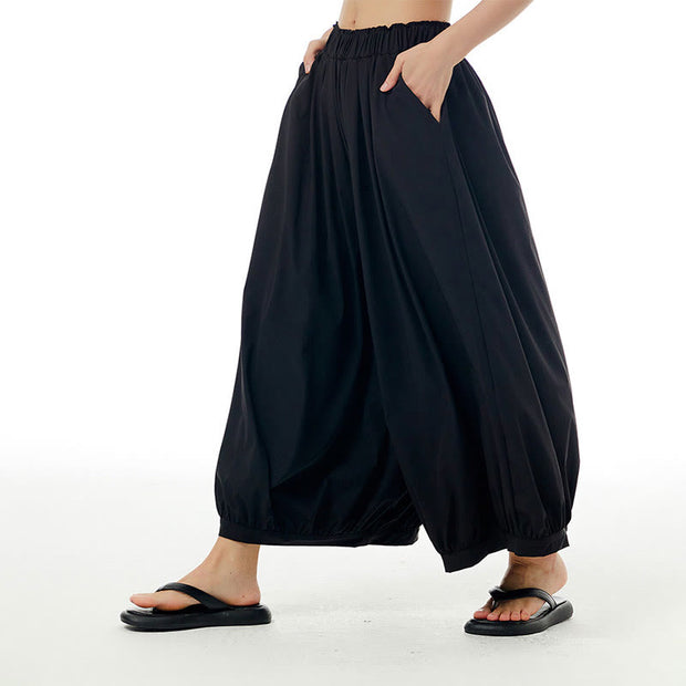 Buddha Stones Solid Color Loose Elastic Waist Wide Leg Pants With Pockets 19