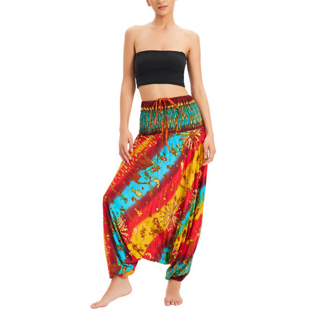 Buddha Stones Two Style Wear Gradient Colorful Loose Smocked Harem Trousers Jumpsuit High Waist Pants