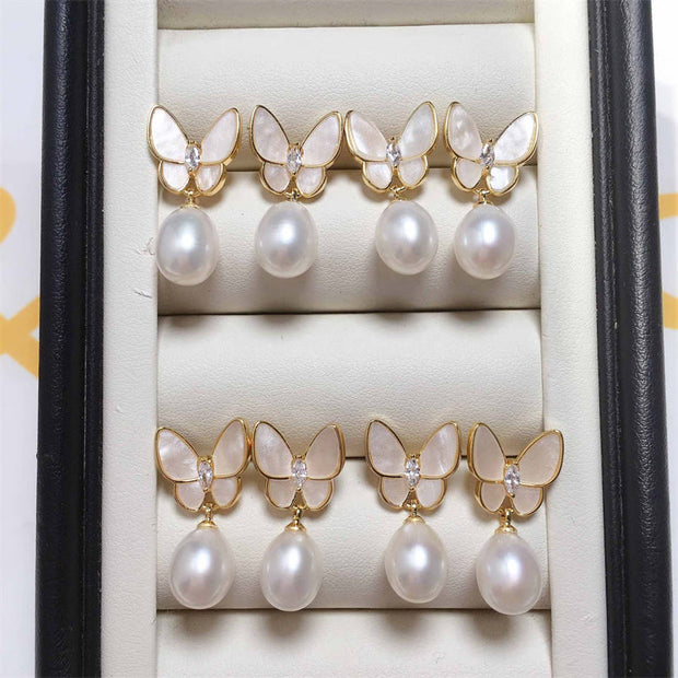 Buddha Stones 925 Sterling Silver Posts 18K Gold Plated Copper Pearl Butterfly Optimism Stud Earrings