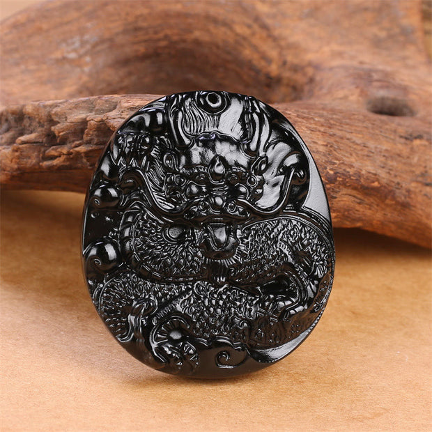 Buddha Stones Natural Black Obsidian Round Dragon Carved Protection Necklace Pendant Necklaces & Pendants BS Dragon 45mm*48mm