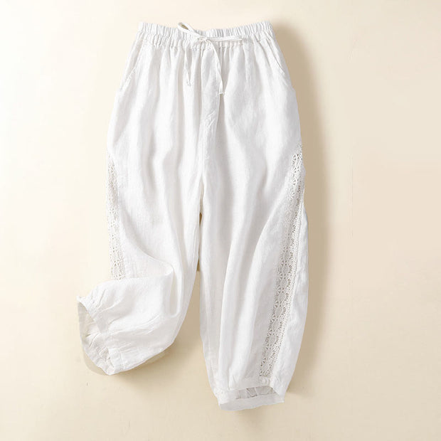 Buddha Stones Solid Color Flower Loose Drawstring Harem Pants With Pockets Harem Pants BS White 2XL(Waist 74-112cm/Hips 122cm/Length 79cm)