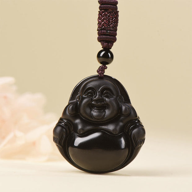 Buddha Stones Natural Black Obsidian Ice Obsidian Laughing Buddha Purification Necklace Pendant Necklaces & Pendants BS 8