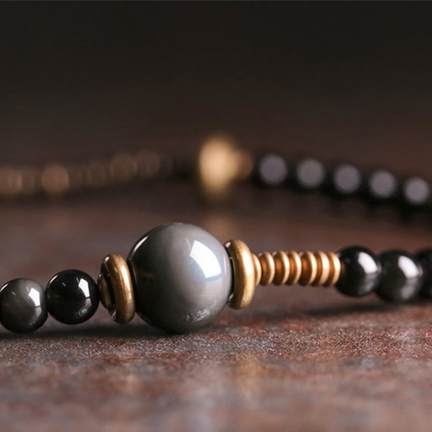 Buddha Stones Rainbow Obsidian Ebony Wood Copper Positive Multilayer Bracelet Bracelet BS 6