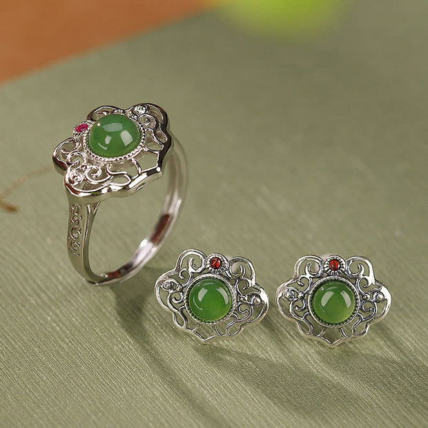 Buddha Stones 925 Sterling Silver Natural Hetian Cyan Jade Hollow Design Luck Ring Earrings Set Bracelet Necklaces & Pendants BS 2Pcs(Ring&Earrings)