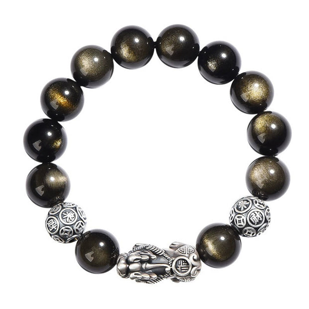 Buddha Stones 925 Sterling Silver Natural Gold Sheen Obsidian PiXiu Wealth Protection Bracelet