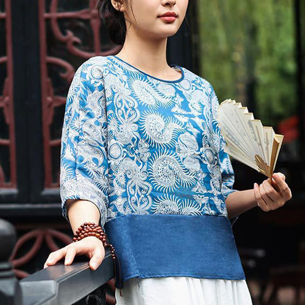 Buddha Stones Blue Flowers Three Quarter Sleeve Top Casual Tee T-shirt 2