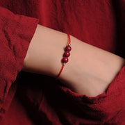 Buddha Stones 14K Gold Plated Natural Cinnabar Blessing String Braided Bracelet Bracelet BS Red(Wrist Circumference 14-15.5cm) Three Cinnabar Beads