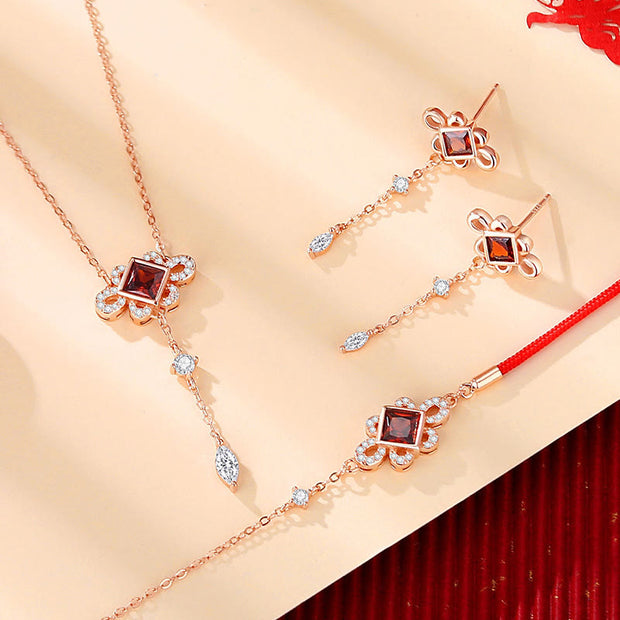 Buddha Stones 925 Sterling Silver Chinese Knotting Red Zircon Wealth Necklace Pendant Bracelet Earrings Set Bracelet Necklaces & Pendants BS 3Pcs(Bracelet Necklace&Earrings)