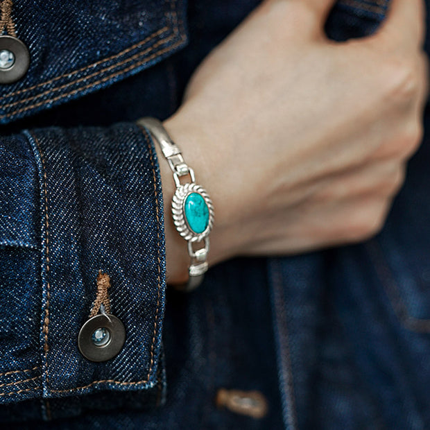 Buddha Stones 925 Sterling Silver Turquoise Balance Protection Handmade Nepal Bracelet Bangle