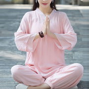 Buddha Stones Yoga Cotton Linen Clothing Uniform Meditation Zen Practice Women's Set Clothes BS Pink XXL