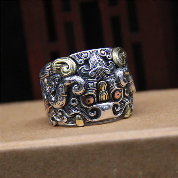 Buddha Stones 925 Sterling Silver Fengshui Kui Cattle Protection Adjustable Ring