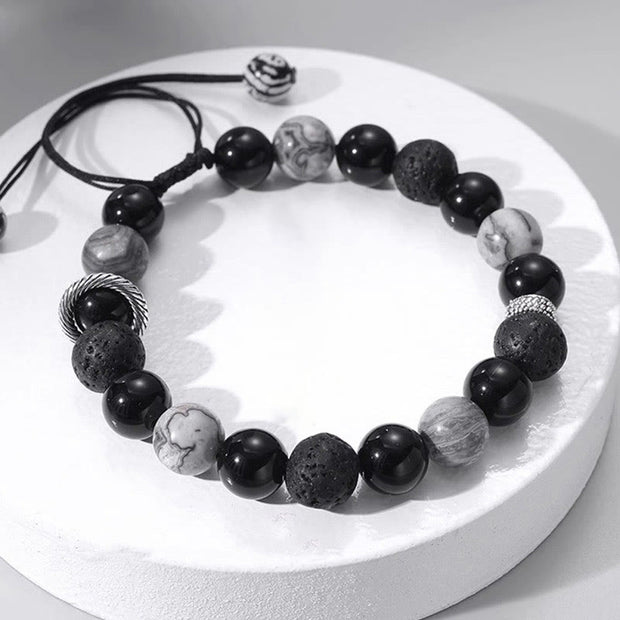 Buddha Stones Vintage Lava Rock Black Obsidian Picasso Jasper Beads Support Rope Bracelet