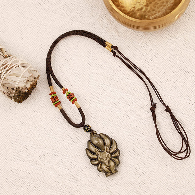 Buddha Stones Natural Rainbow Obsidian Gold Sheen Obsidian Nine Tailed Fox Positive Necklace Pendant Necklaces & Pendants BS 12