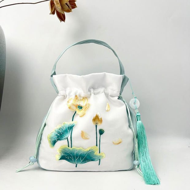 Buddha Stones Suzhou Embroidery Rabbit Lotus Epiphyllum Peony Magnolia Silk Tote Crossbody Bag Shoulder Bag Handbag 30