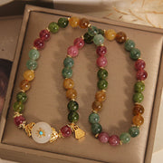 Buddha Stones Natural Multicolored Tourmaline Positive Jade Flower Double Wrap Bracelet