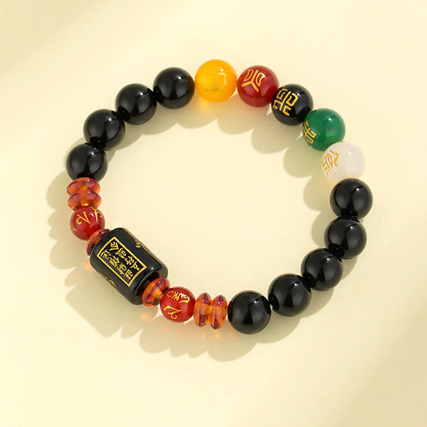Buddha Stones Five Elements Black Onyx Red Agate Wisdom Wealth Bracelet Bracelet BS 9