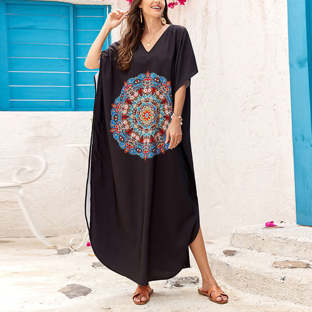 Buddha Stones Mandala Flower V-Neck Batwing Sleeve Maxi Dress Loose Cover-Up Outfits