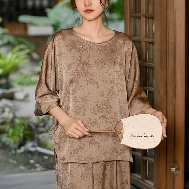 Buddha Stones Bamboo Leaves Three Quarter Sleeve T-shirt Top Tee Slit Long Skirt Dress Women Clothing