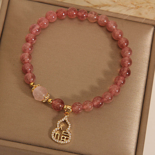 Buddha Stones Strawberry Quartz Gourd Fu Character Charm Positive Bracelet