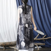 Buddha Stones Ancient Ramie Linen Flowers Printing Cheongsam Dresses Sleeveless Dress 5