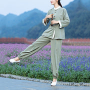 Buddha Stones 2Pcs Tang Suit Top Pants Meditation Yoga Zen Tai Chi Cotton Linen Clothing Women's Set Clothes BS 7