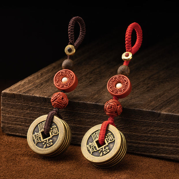 Buddha Stones Feng Shui Five Emperor Coins Luck Bodhi Seed Money Wealth Keychain