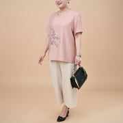 Buddha Stones Plus Size 2Pcs Pink Flower Butterfly Embroidery Tee T-shirt Wide Leg Pants Set