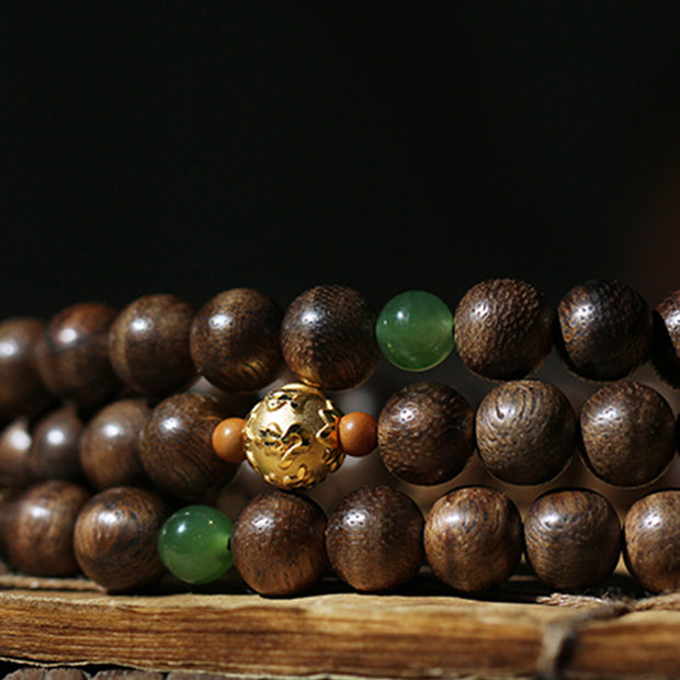 Buddha Stones 999 Gold 108 Mala Beads Kalimantan Agarwood Cyan Jade Six True Words Strength Bracelet