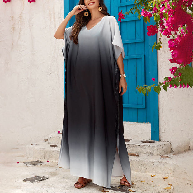 Buddha Stones V-Neck Batwing Sleeve Gradient Maxi Dress Casual Cover-Up Split Design