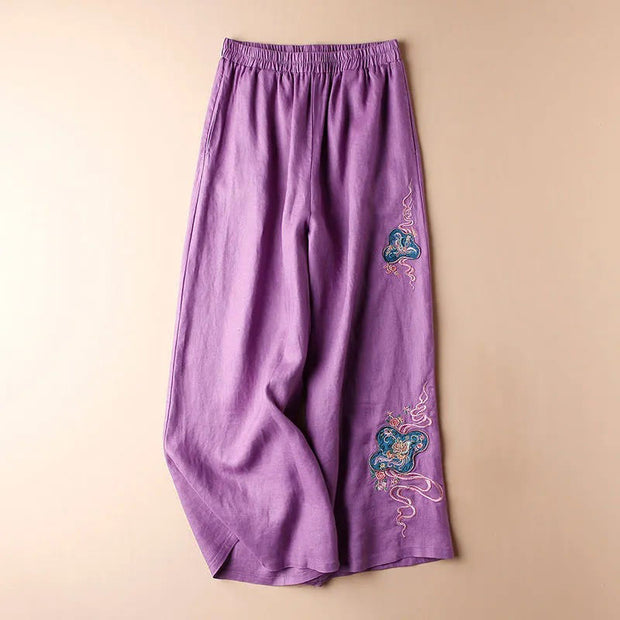 Buddha Stones Women Casual Loose Cotton Linen Embroidery Wide Leg Pants With Pockets Women's Wide Leg Pants BS Purple 3XL(Waist 78-108cm/Hips 126cm/Length 100cm)