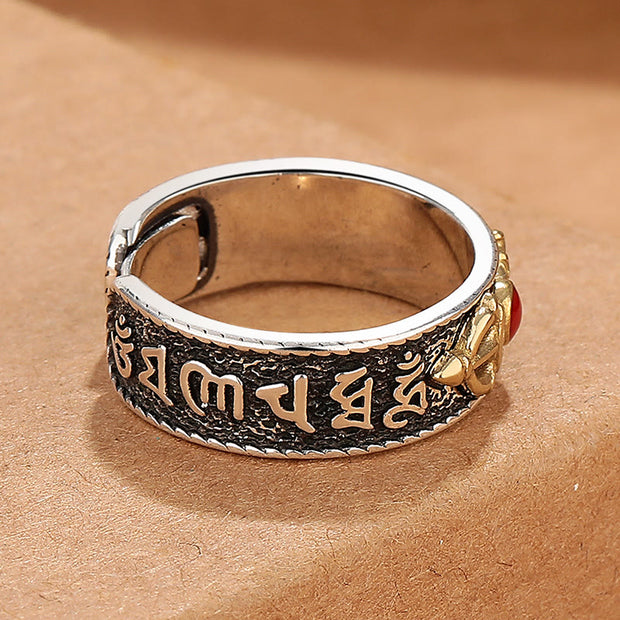 Buddha Stones Tibetan Om Mani Padme Hum Red Agate Dorje Vajra Design Wisdom Ring Ring BS 2